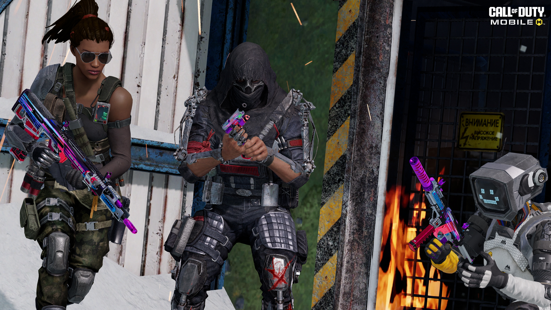 Three Operators pose with neon accented weapons against a dark cybernetic backdrop.