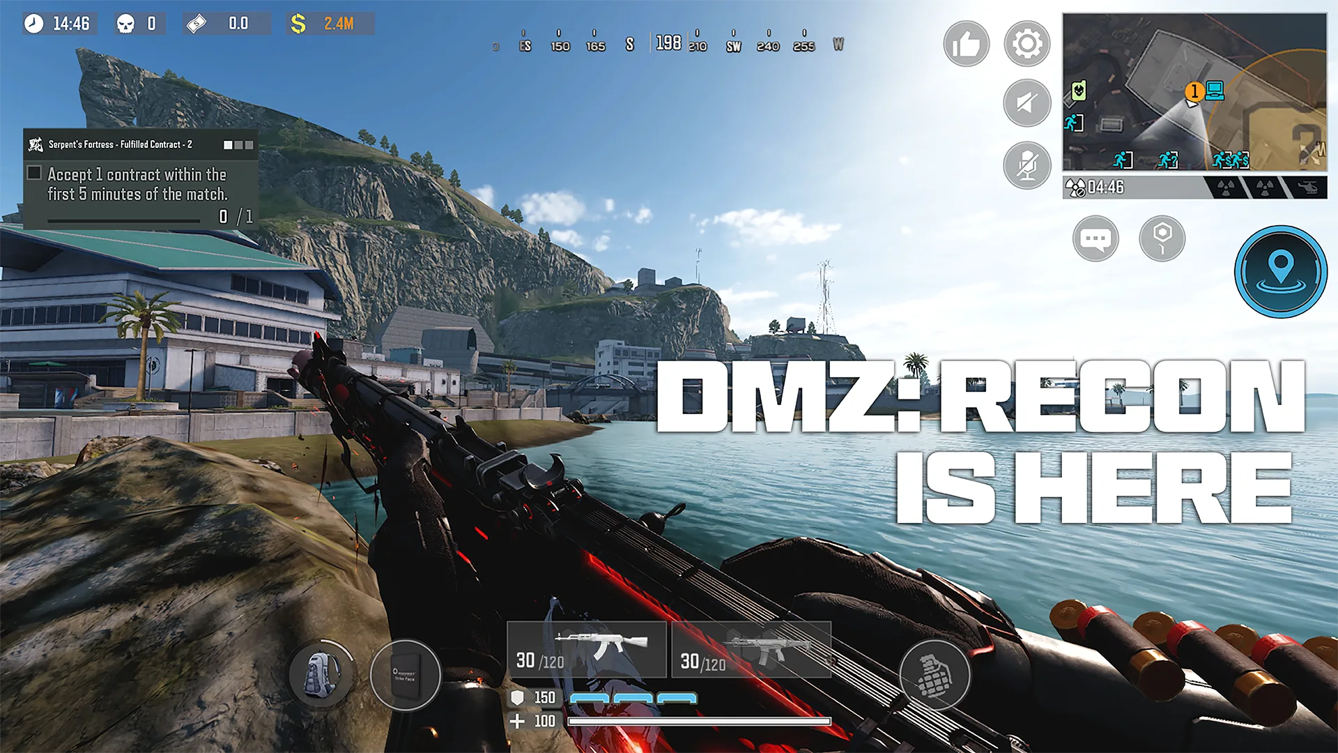 Call of Duty: Mobile DMZ Recon gameplay with a rifle overlooking a coastal extraction area.