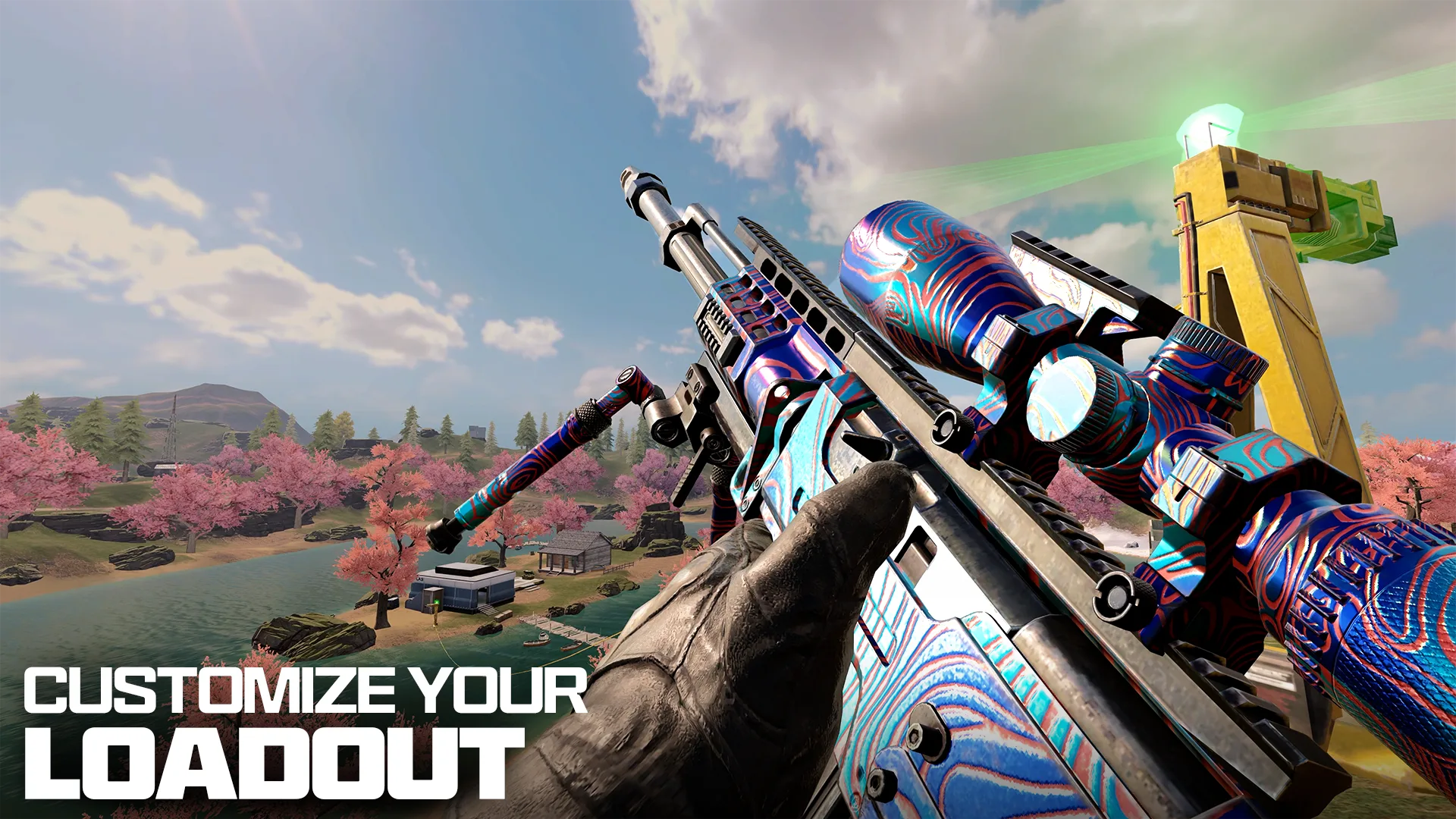Call of Duty: Mobile first-person view displaying a customized rifle above a colorful battlefield.