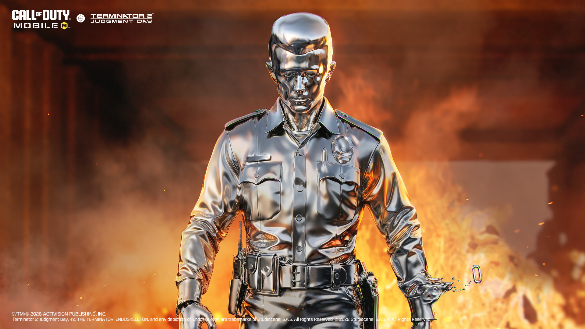 The liquid metal T-1000 advances through flames in its transformed combat form.