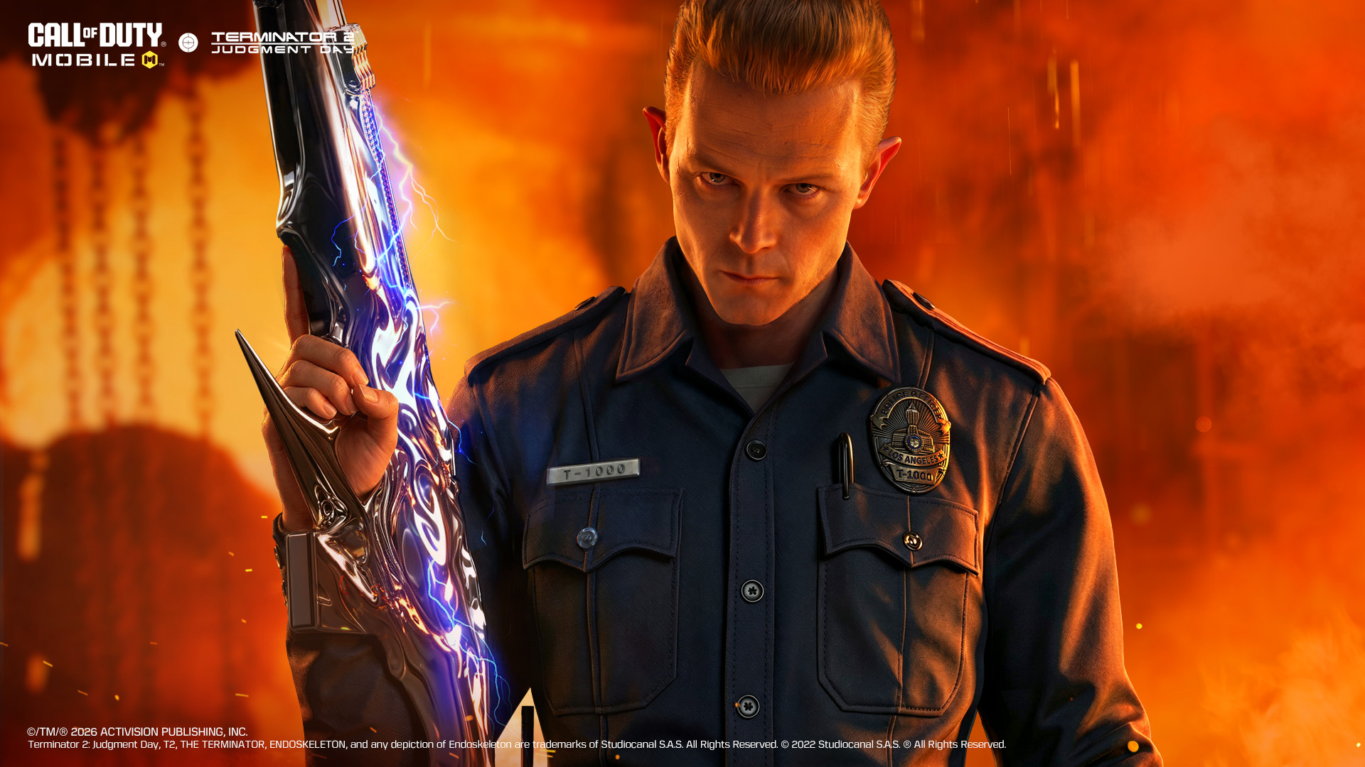 The T-1000 appears in a police uniform with a weapon against a fiery background.