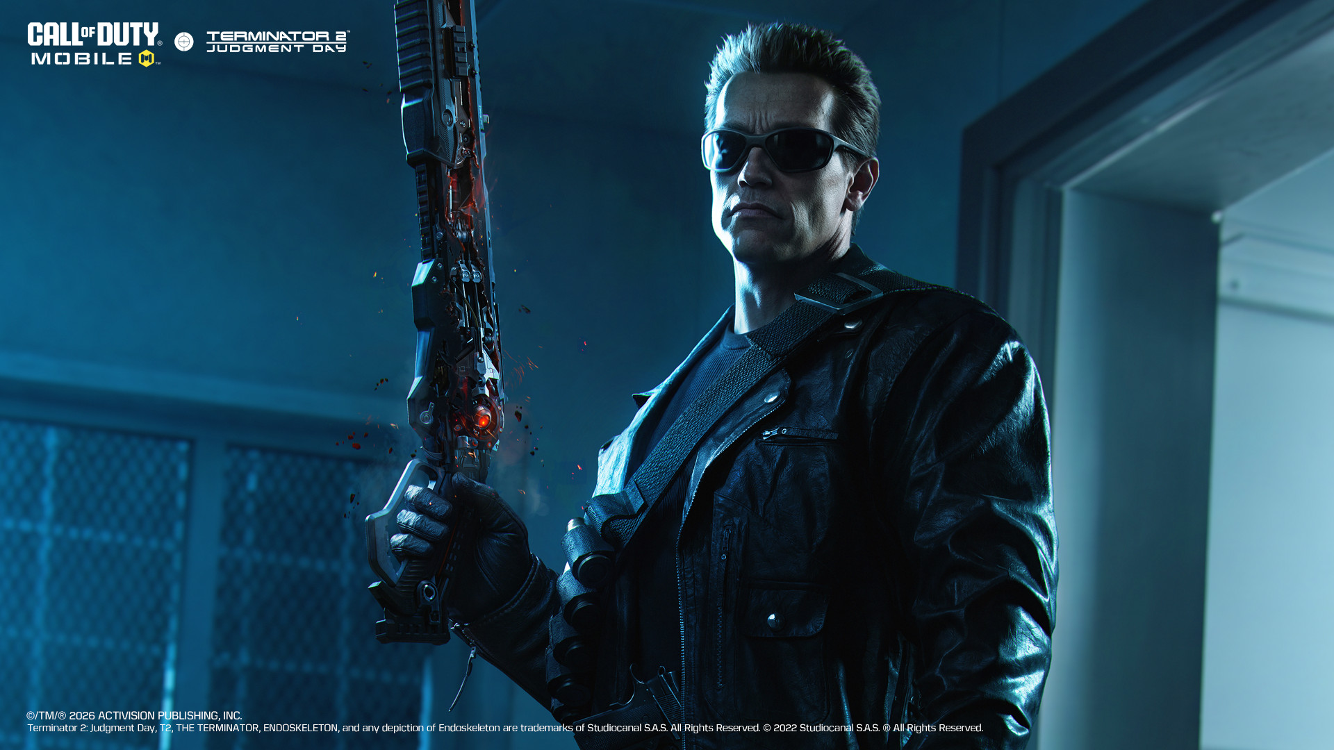 The T-800 holds a futuristic rifle inside a blue lit industrial interior.