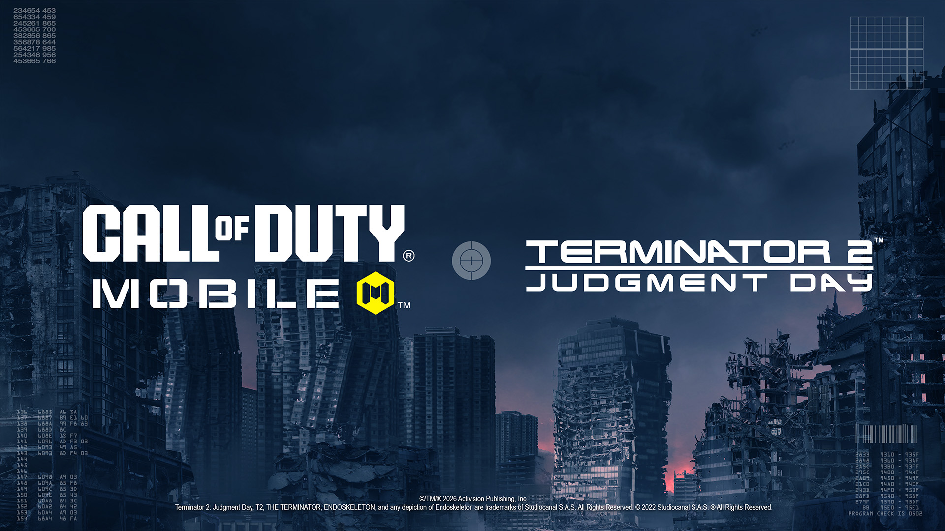 The Call of Duty: Mobile and Terminator 2 logos appear above a ruined city under a red sky.