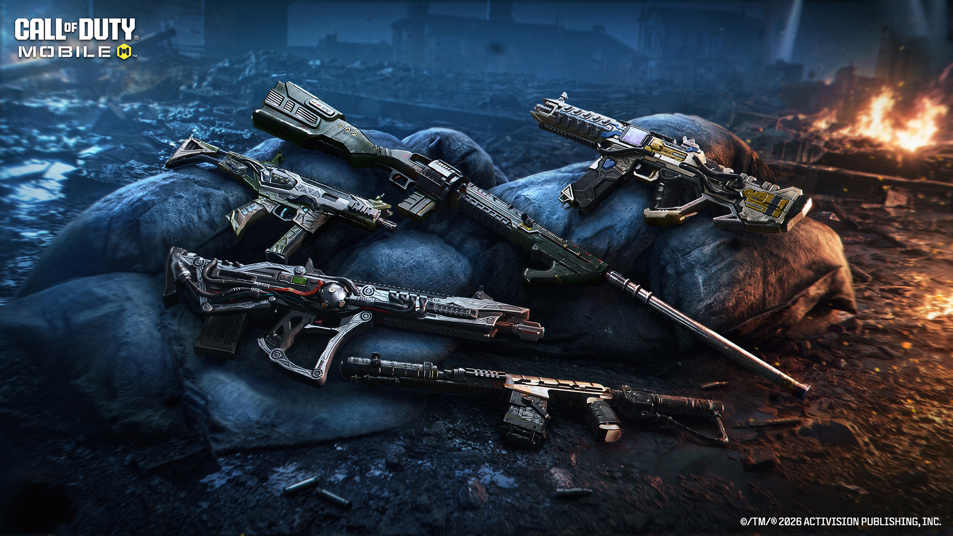 Four Undead Legion weapon blueprints lie across a dark battlefield beneath burning skies.
