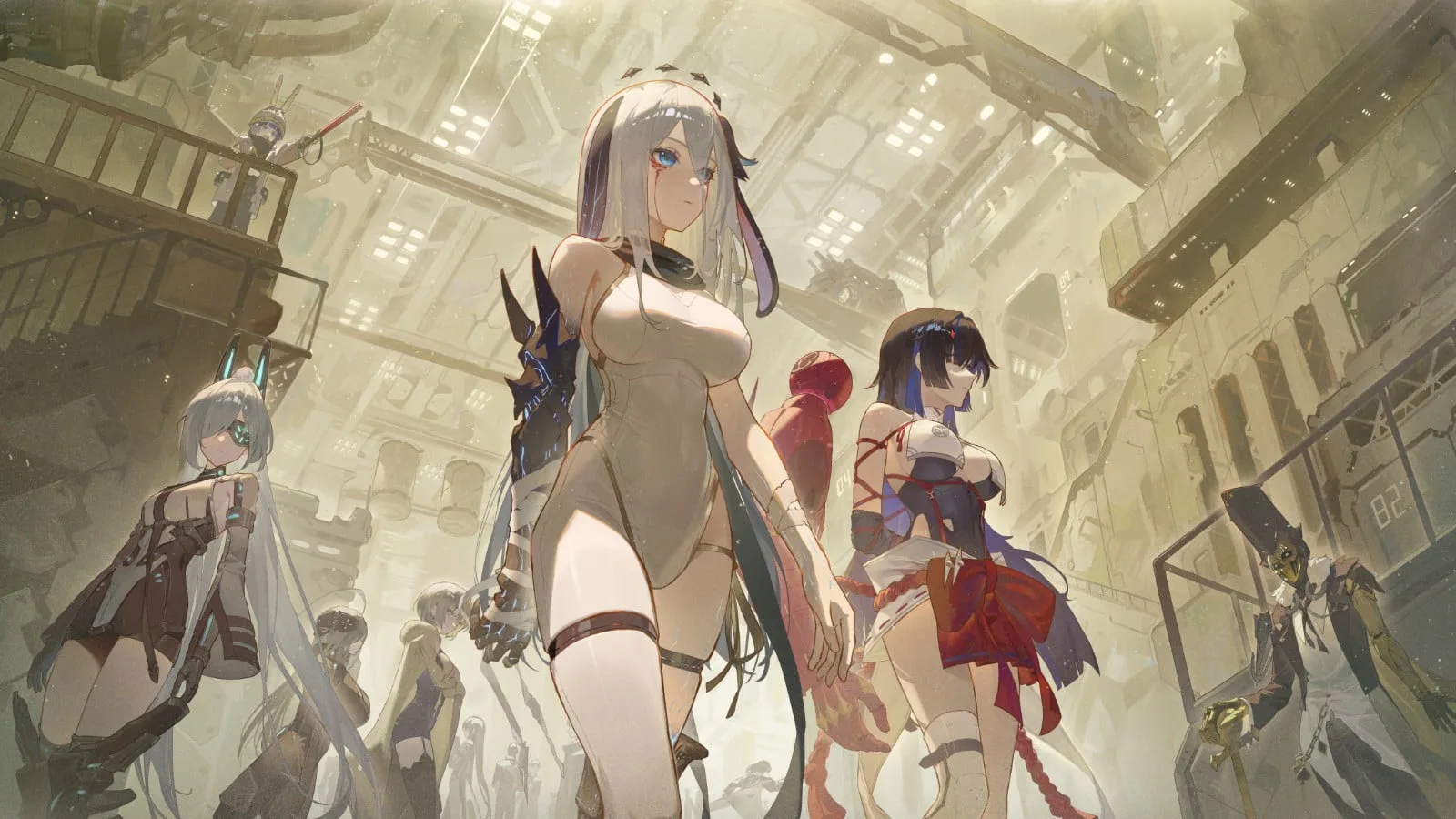 Several Chaos Zero Nightmare characters standing together inside a large illuminated industrial facility