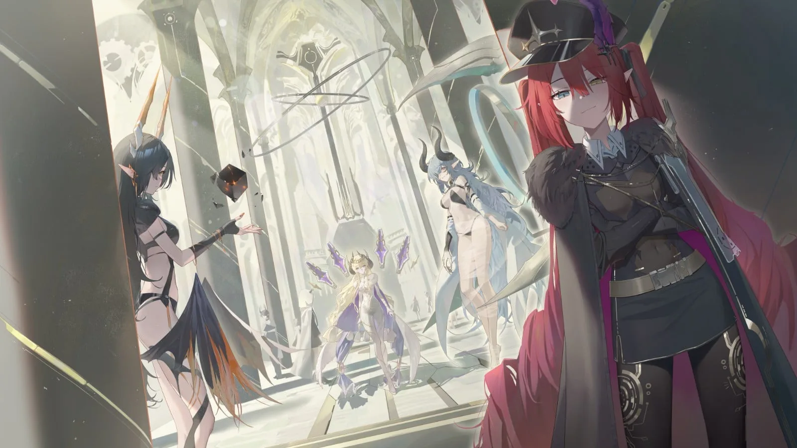 A red-haired Chaos Zero Nightmare character standing before other figures in a luminous distorted interior