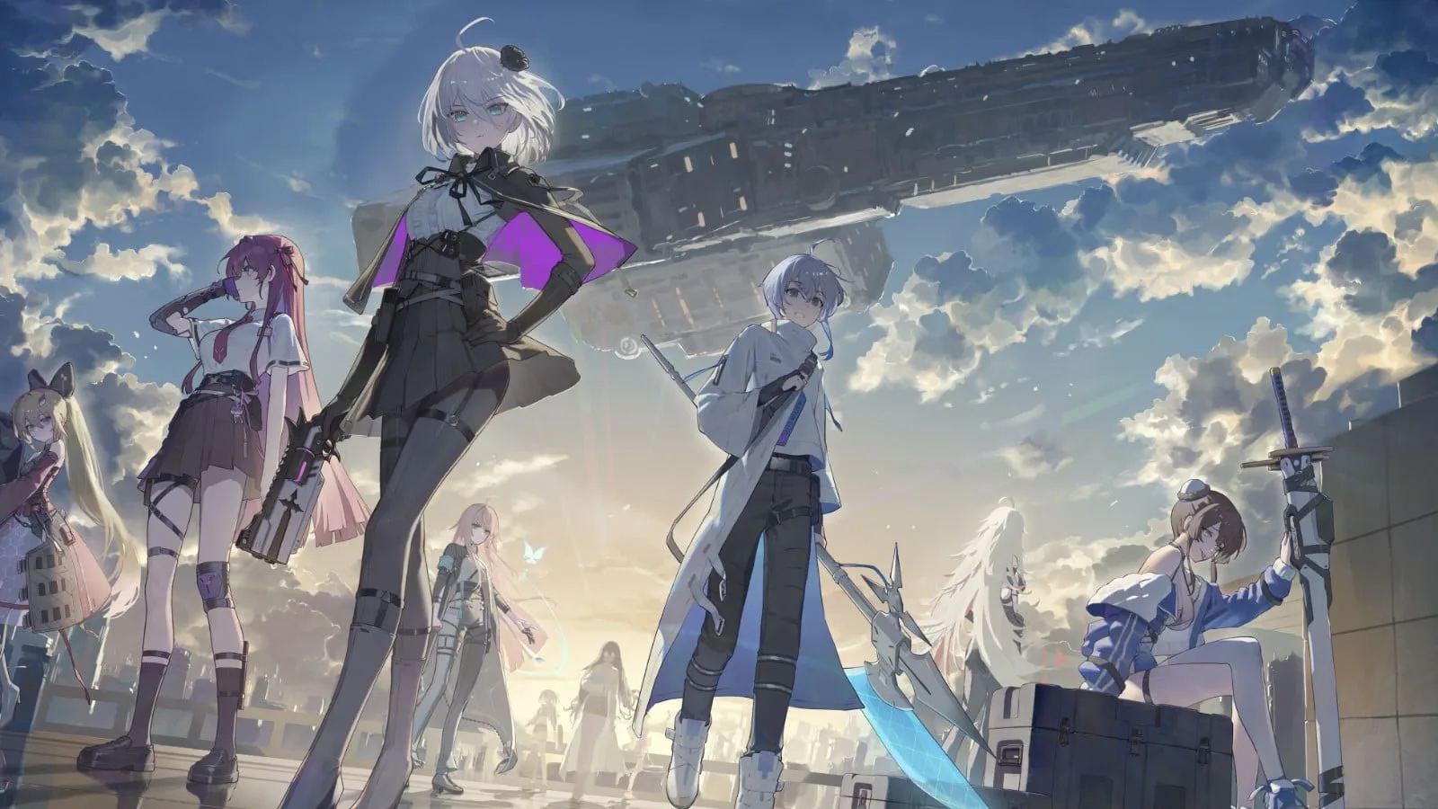 Chaos Zero Nightmare characters gathered beneath a massive spacecraft in a bright futuristic city