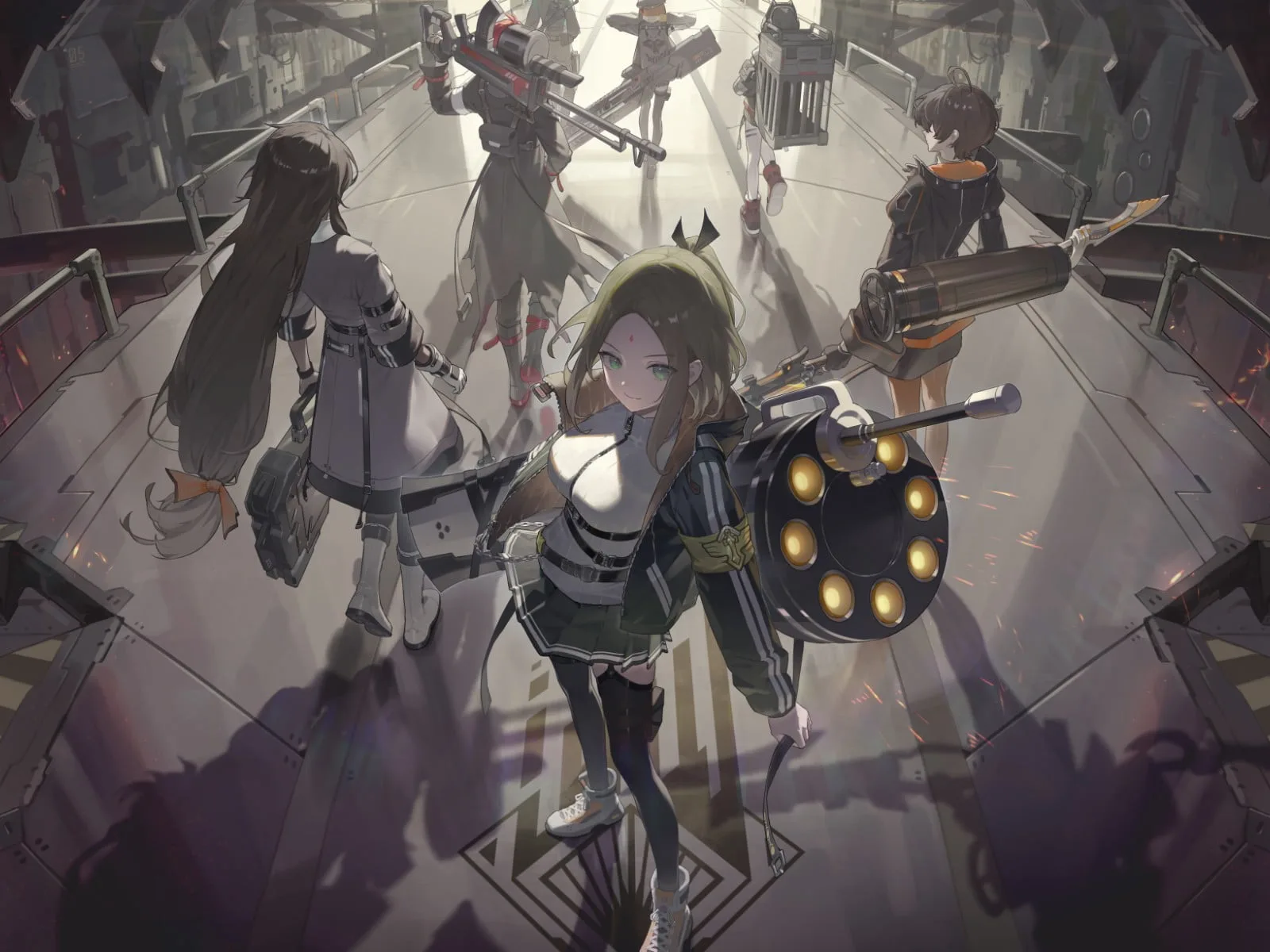 A group of armed Chaos Zero Nightmare characters moving through an industrial spacecraft corridor