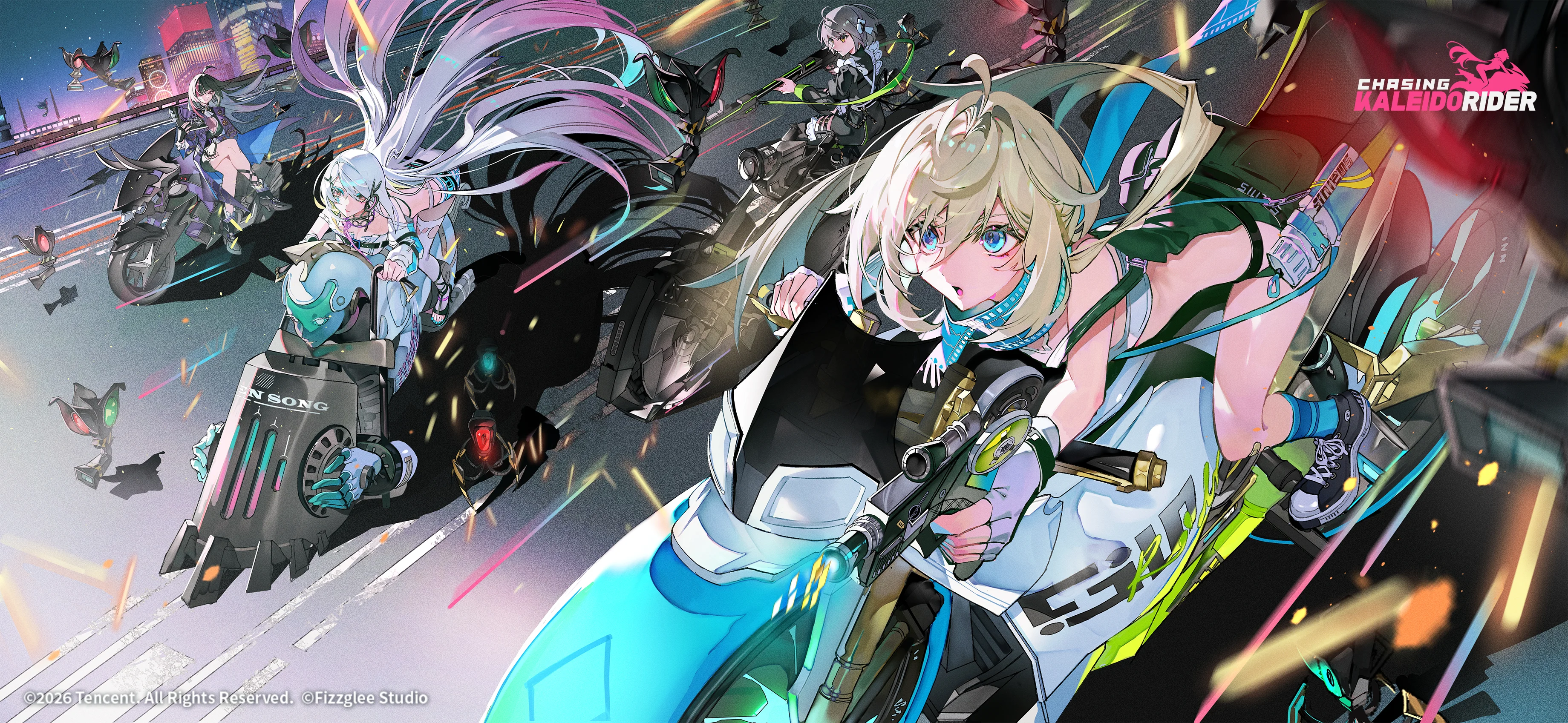 Chasing Kaleidorider key art featuring Kaleido Riders and their motorbikes