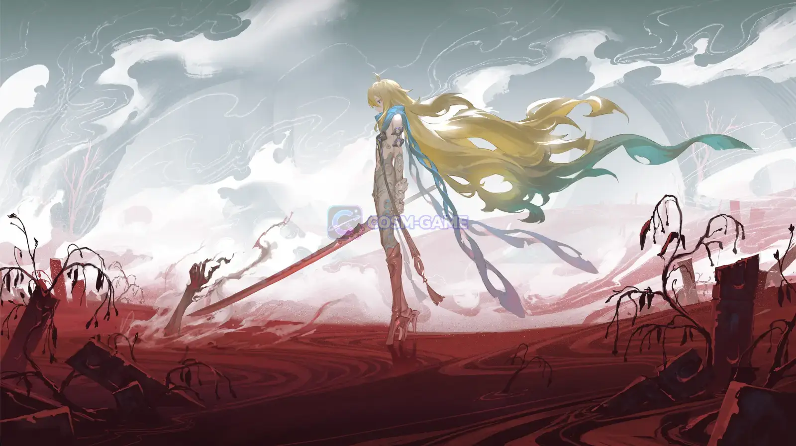 A dramatic Chasing Kaleidorider story illustration featuring a character with an oversized weapon.