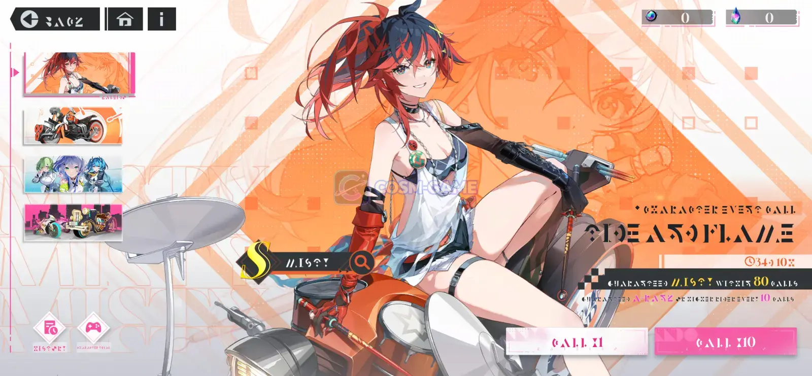 The Character Call interface displays Misty as a featured KALEIDO RIDER.