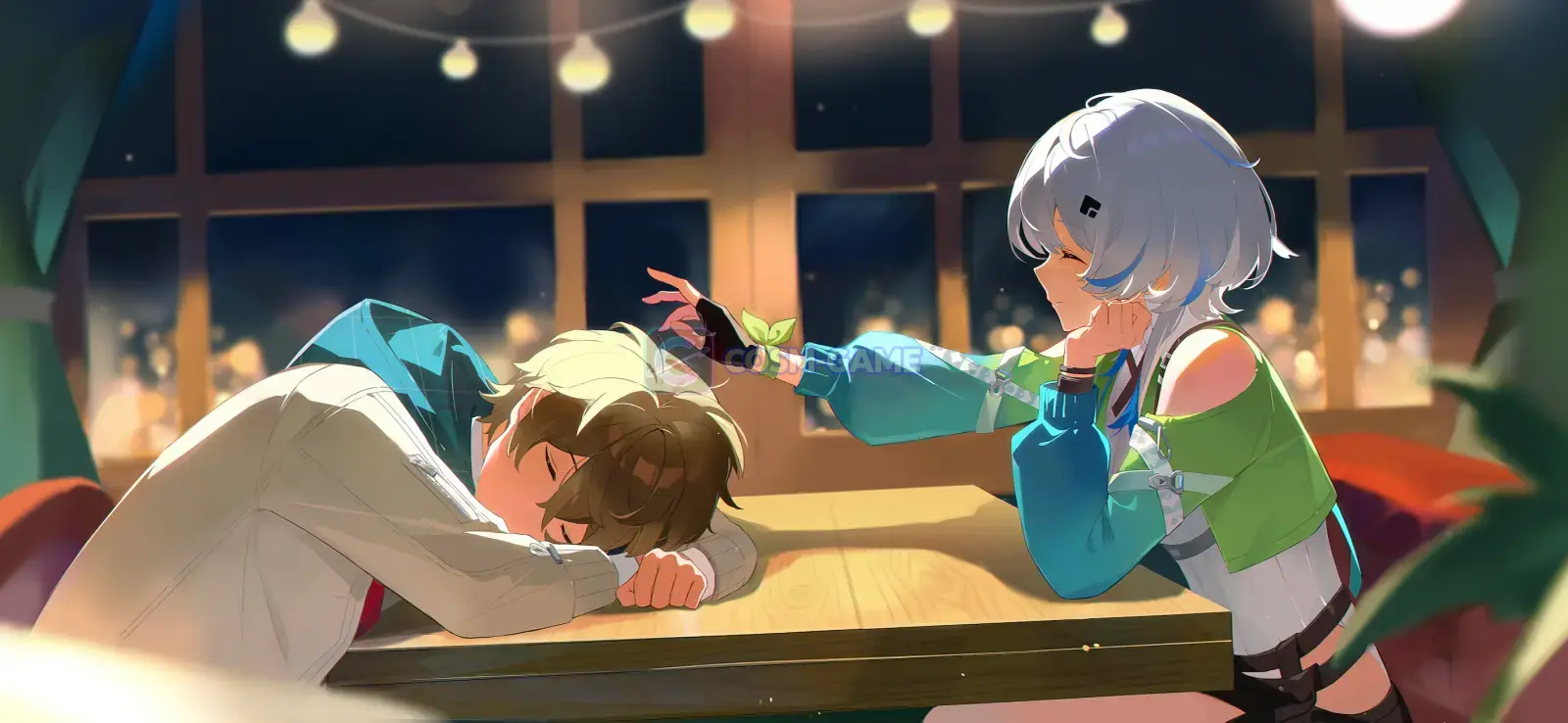 A Chasing Kaleidorider relationship scene showing the player spending time with a RIDER at a table.