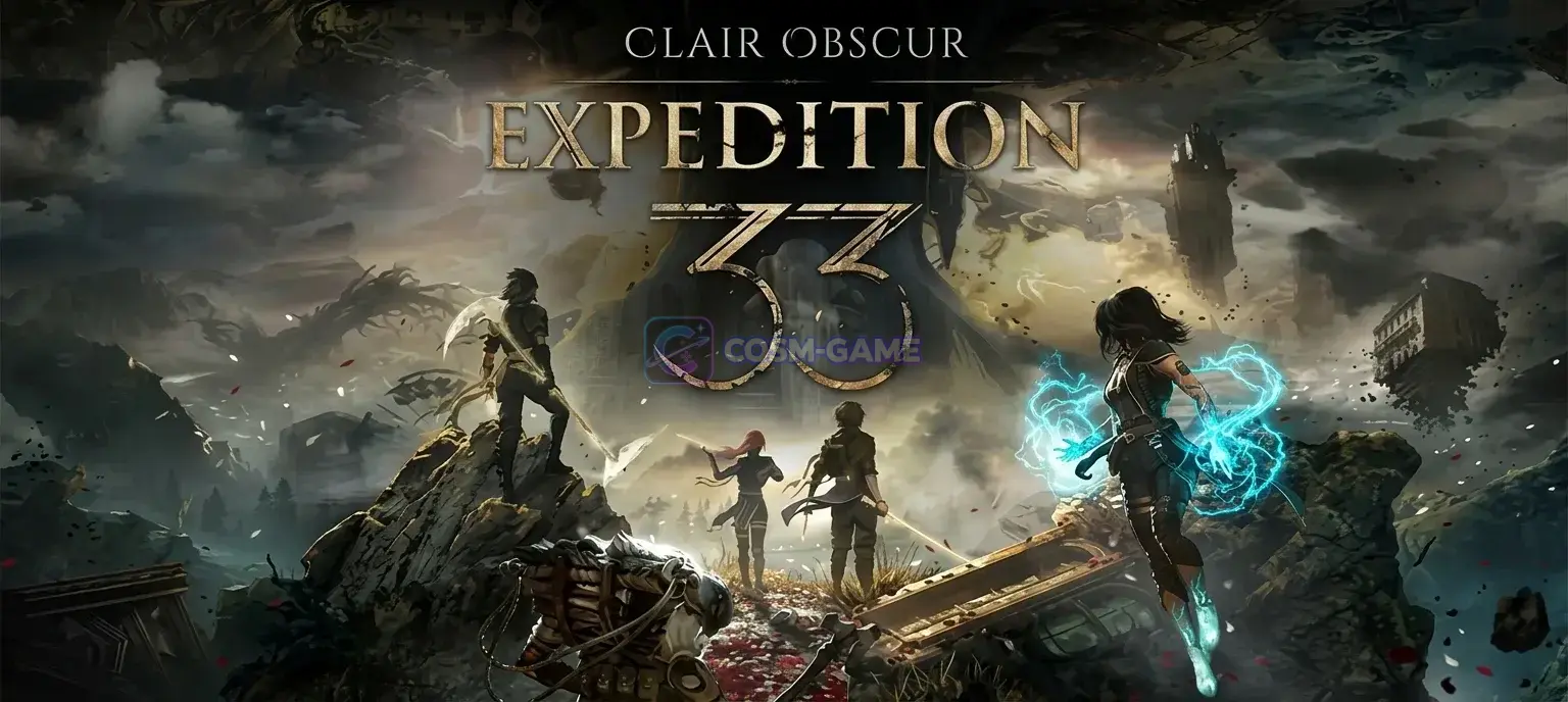 Five Expeditioners stand on a ruined cliff facing a towering white-haired figure in a stormy fantasy landscape.