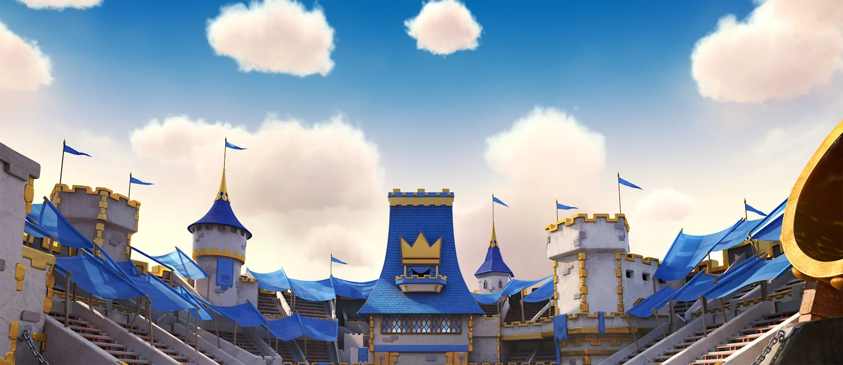 Clash Royale arena with blue banners, stone towers, a crown-marked central structure, and clouds overhead.