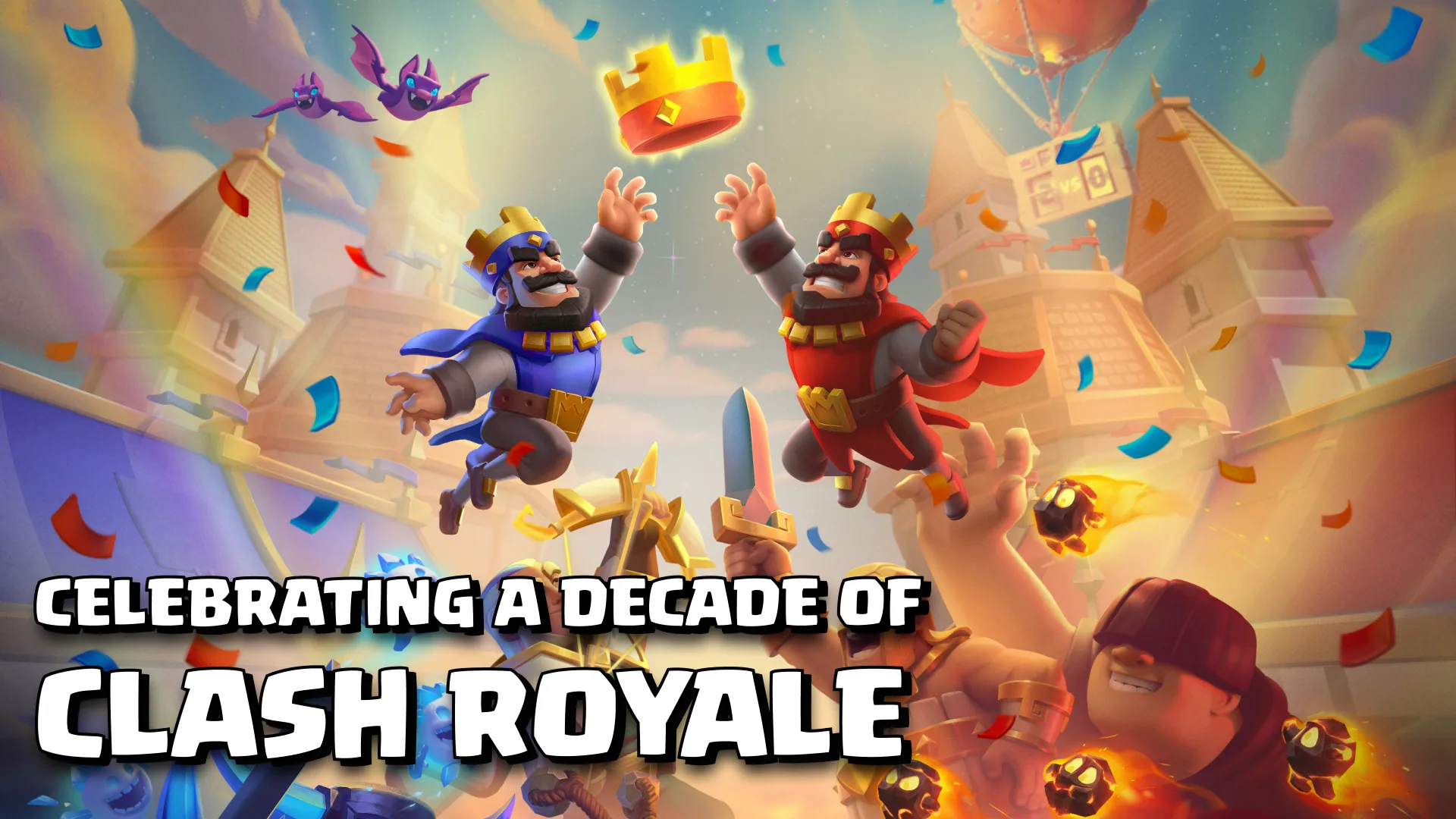 The blue and red Kings celebrating ten years of Clash Royale in official Supercell artwork.