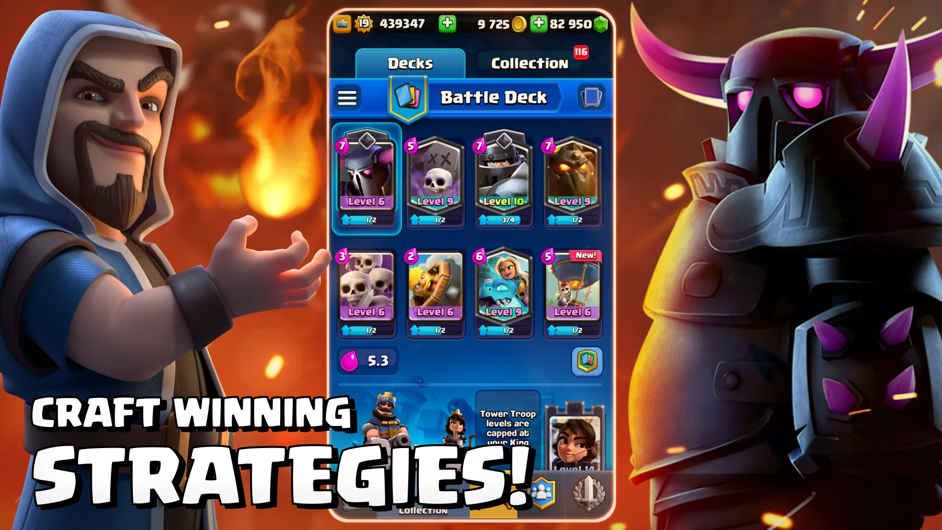 The Wizard and P.E.K.K.A beside an eight-card Clash Royale battle deck.
