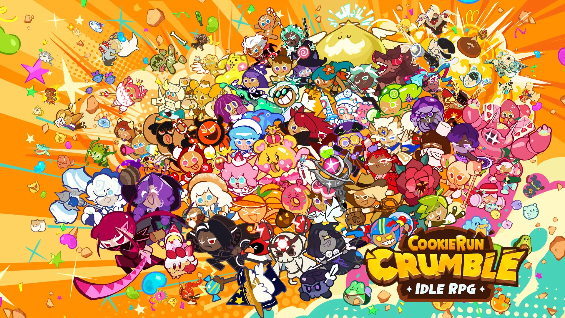 A large cast of Cookie characters charging together across a bright orange background beside the CookieRun: Crumble logo.