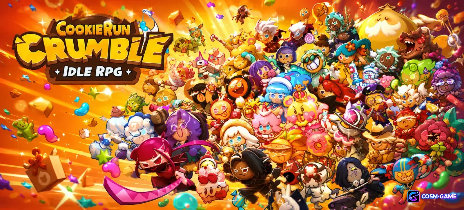 A large cast of Cookie characters surrounds the CookieRun: Crumble logo against an orange background.