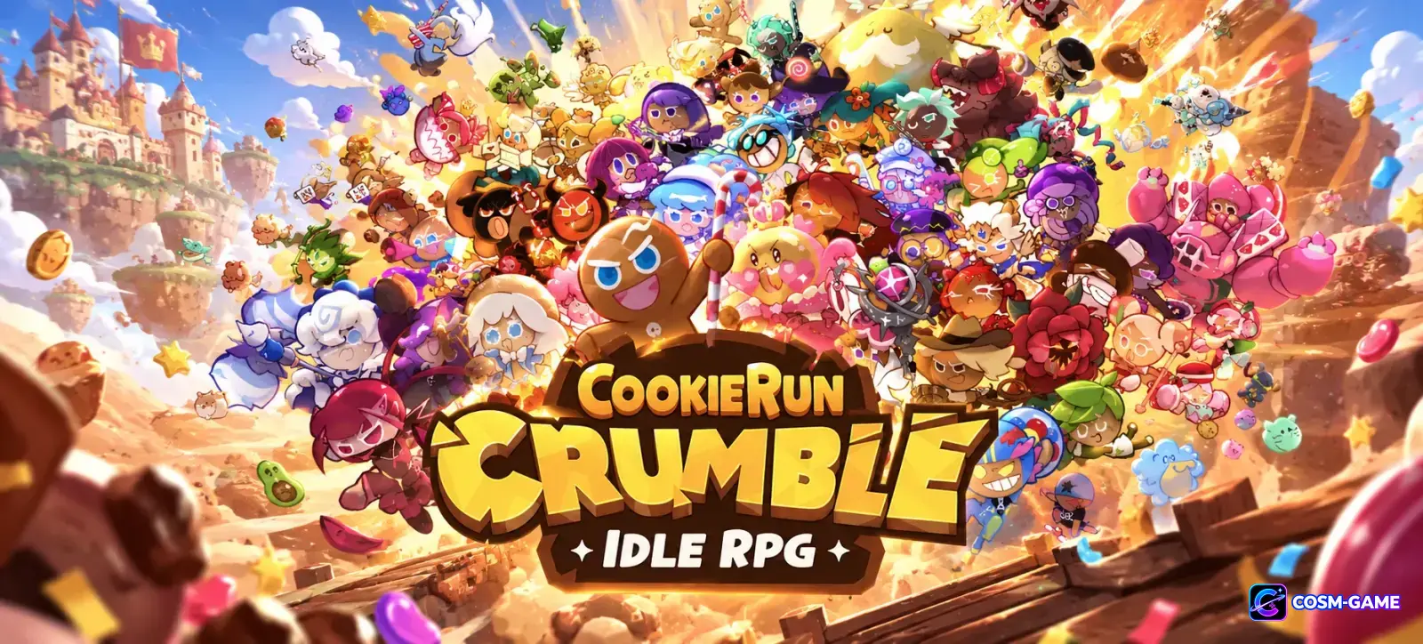 A large lineup of CookieRun characters surrounds the CookieRun: Crumble Idle RPG logo.
