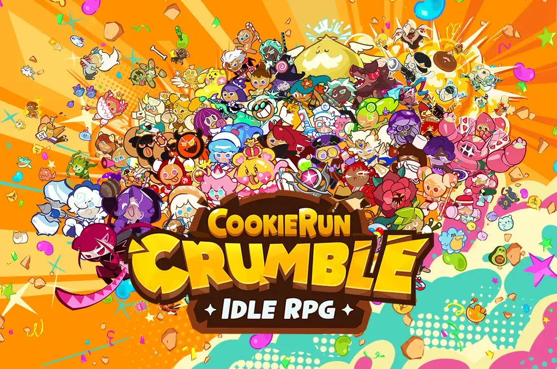A crowded lineup of CookieRun characters surrounds the CookieRun: Crumble Idle RPG logo.