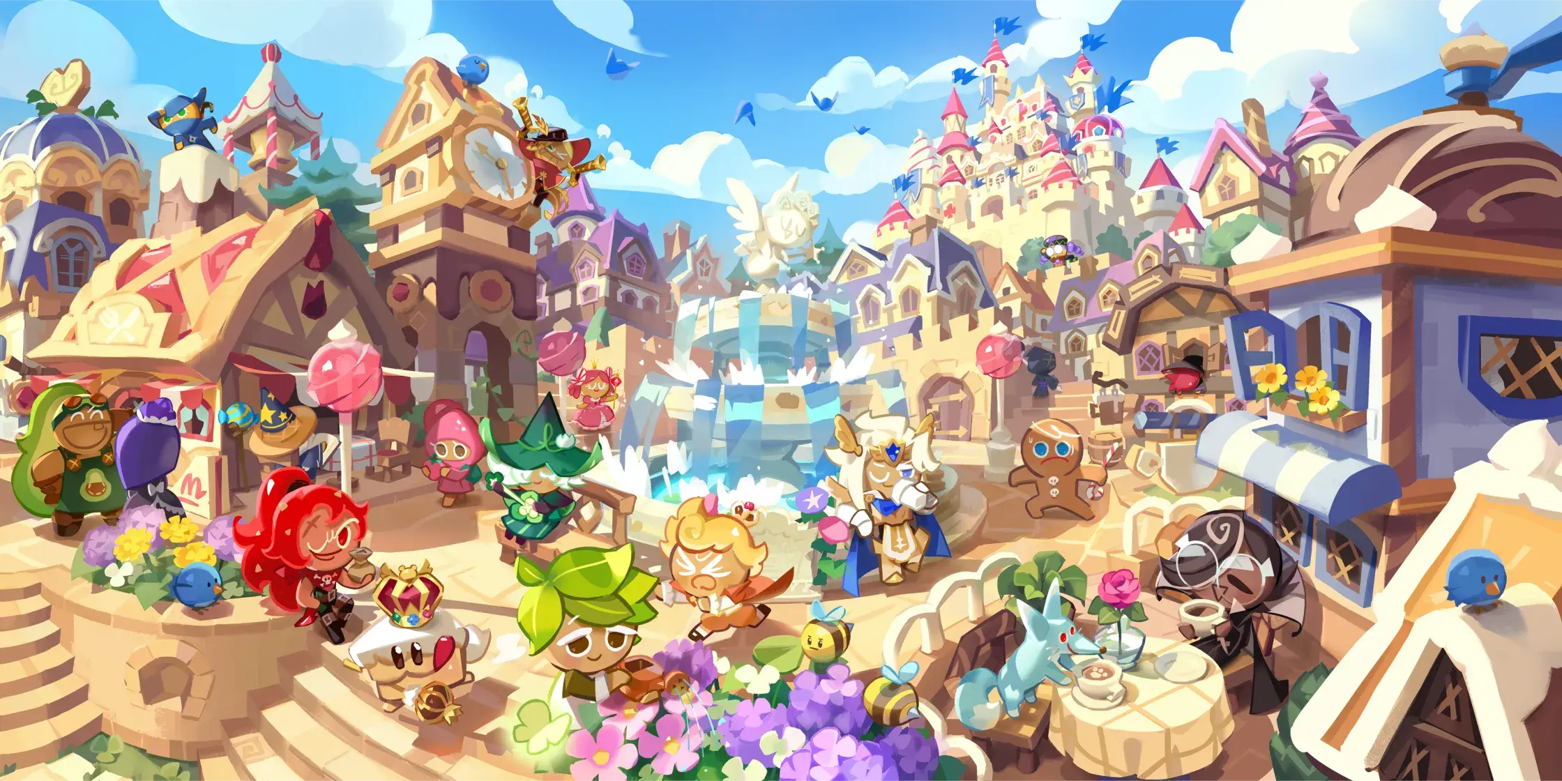 Cookies gather throughout a colorful kingdom filled with buildings, gardens, fountains, and production areas.