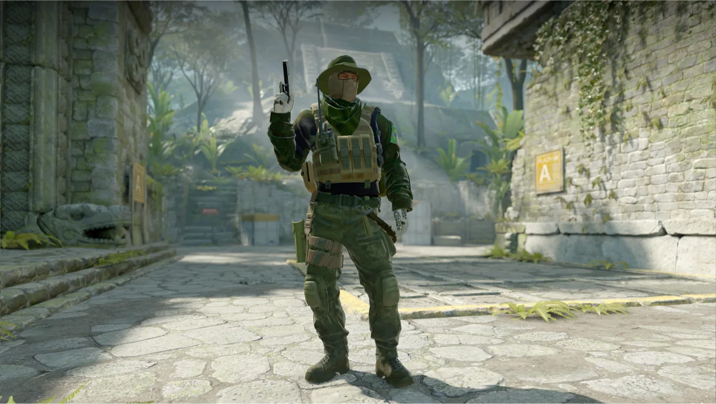 A masked Counter-Strike 2 fighter holding a pistol in a sunlit jungle ruin.