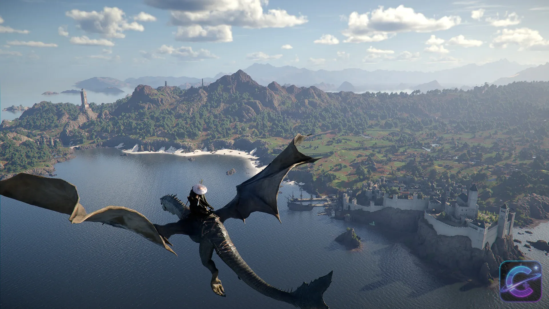 A rider flying over Pywel on a large wyvern in Crimson Desert