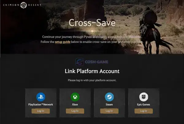 Crimson Desert Cross-Save account linking screen for connecting a platform account