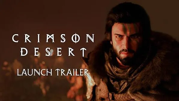 Crimson Desert key art showing the game logo and mercenary figures
