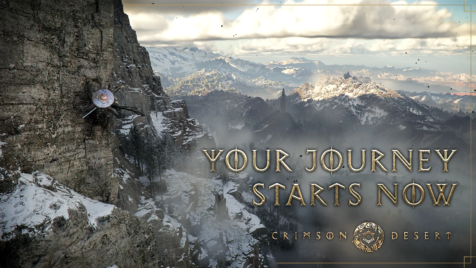 Kliff climbs a snowy ridge overlooking Pywel in official Crimson Desert artwork
