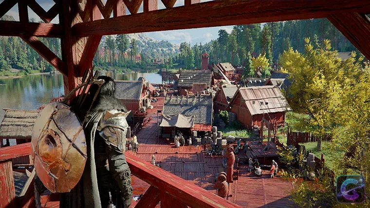 Kliff overlooking a lakeside settlement in Crimson Desert