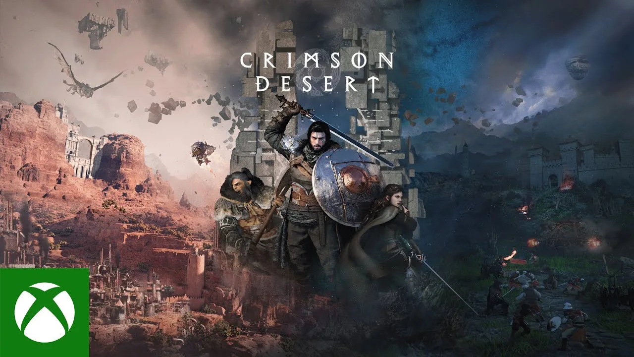 Three Crimson Desert playable characters pose with swords, a shield, and a bow against shattered stone