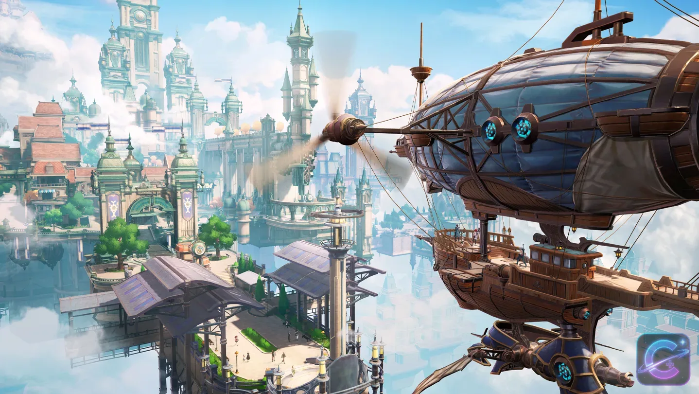 A large airship approaches a bright floating city filled with towers and elevated platforms.