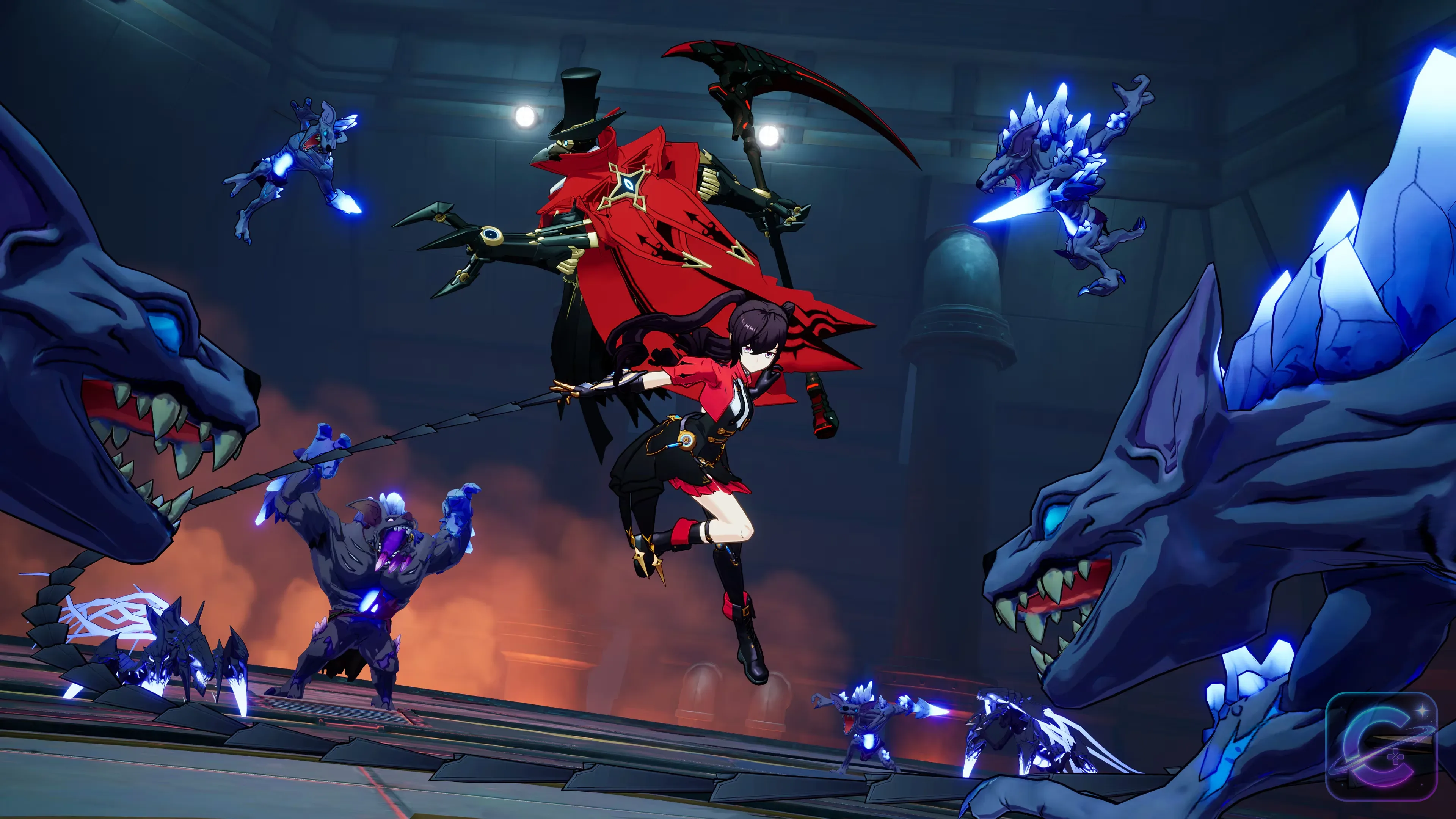 Adventurers face a dark enemy while red and blue effects illuminate the battlefield.