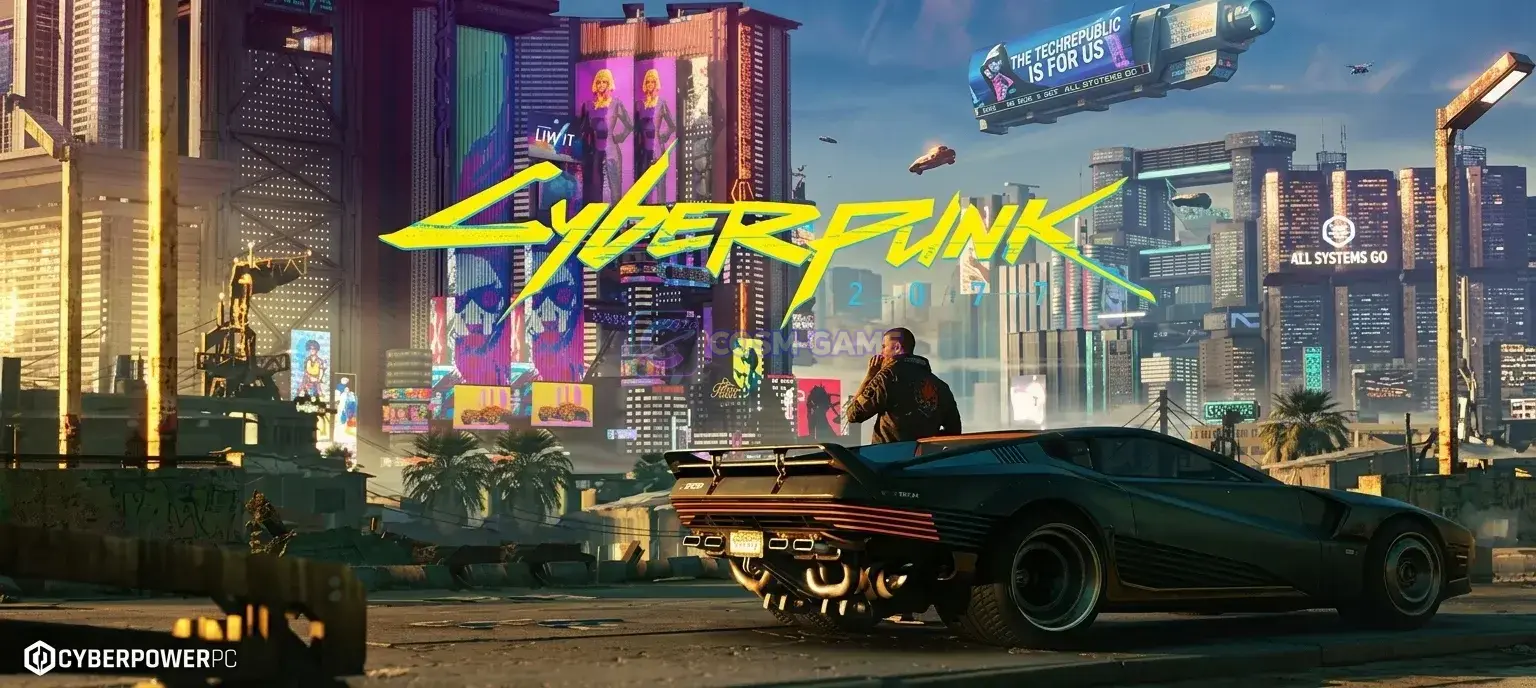 A cyberpunk mercenary holding a handgun beside a motorcycle in a neon-lit Night City alley.