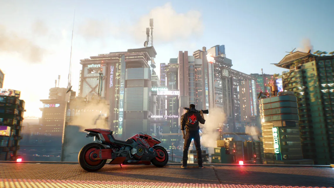 V stands beside a red motorcycle overlooking the towering skyline of Night City.