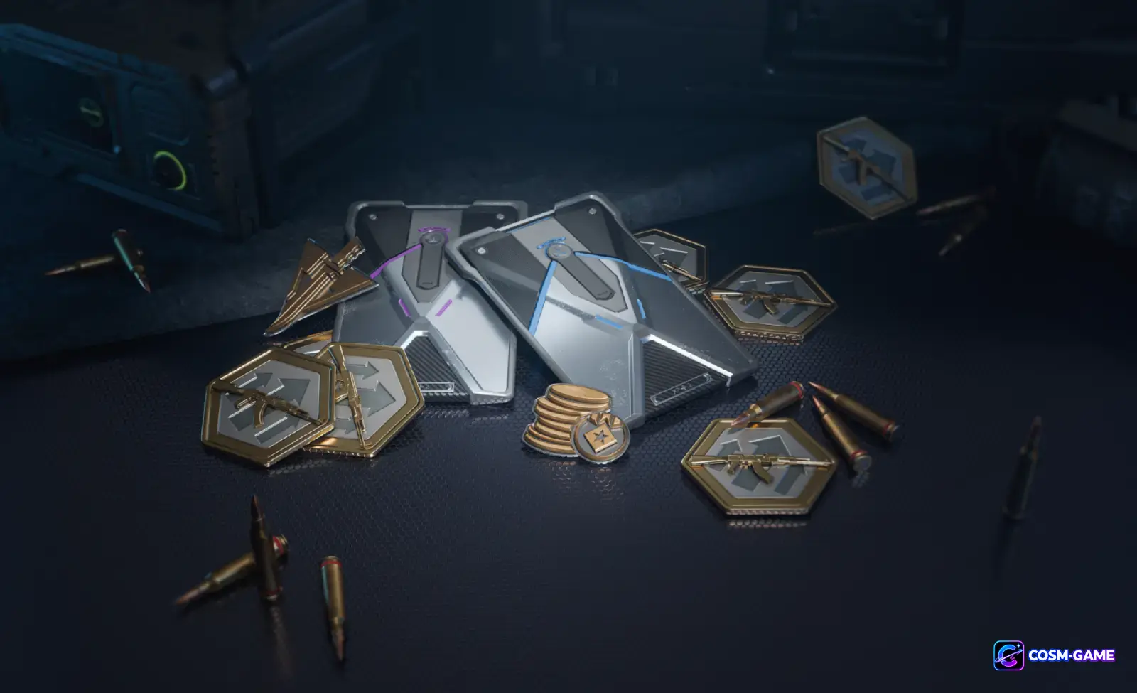 Weapon reward cards, tokens, coins, and ammunition are arranged across a tactical equipment table.