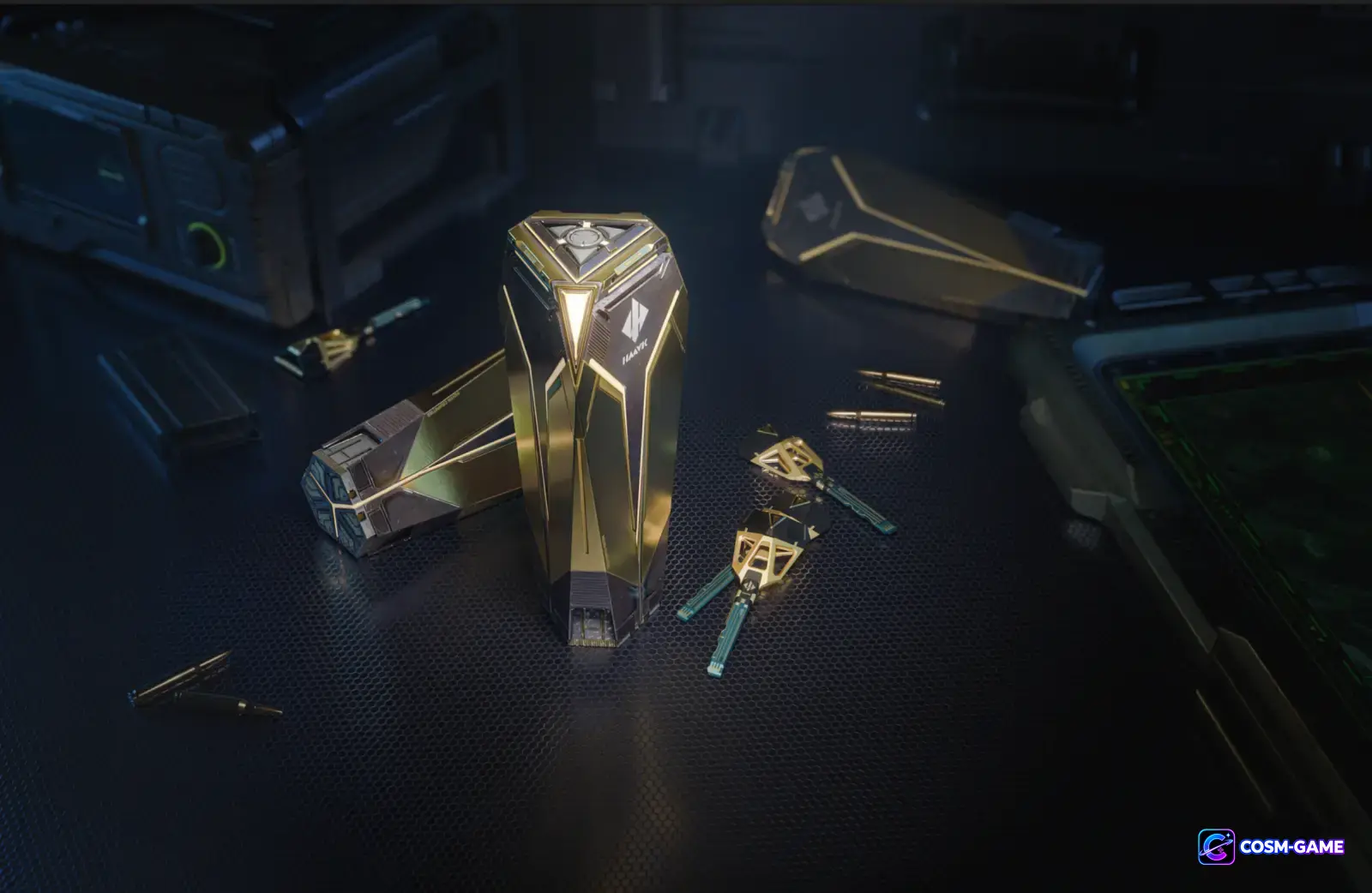 Gold-and-black supply containers and reward tokens sit on a dark tactical equipment table.