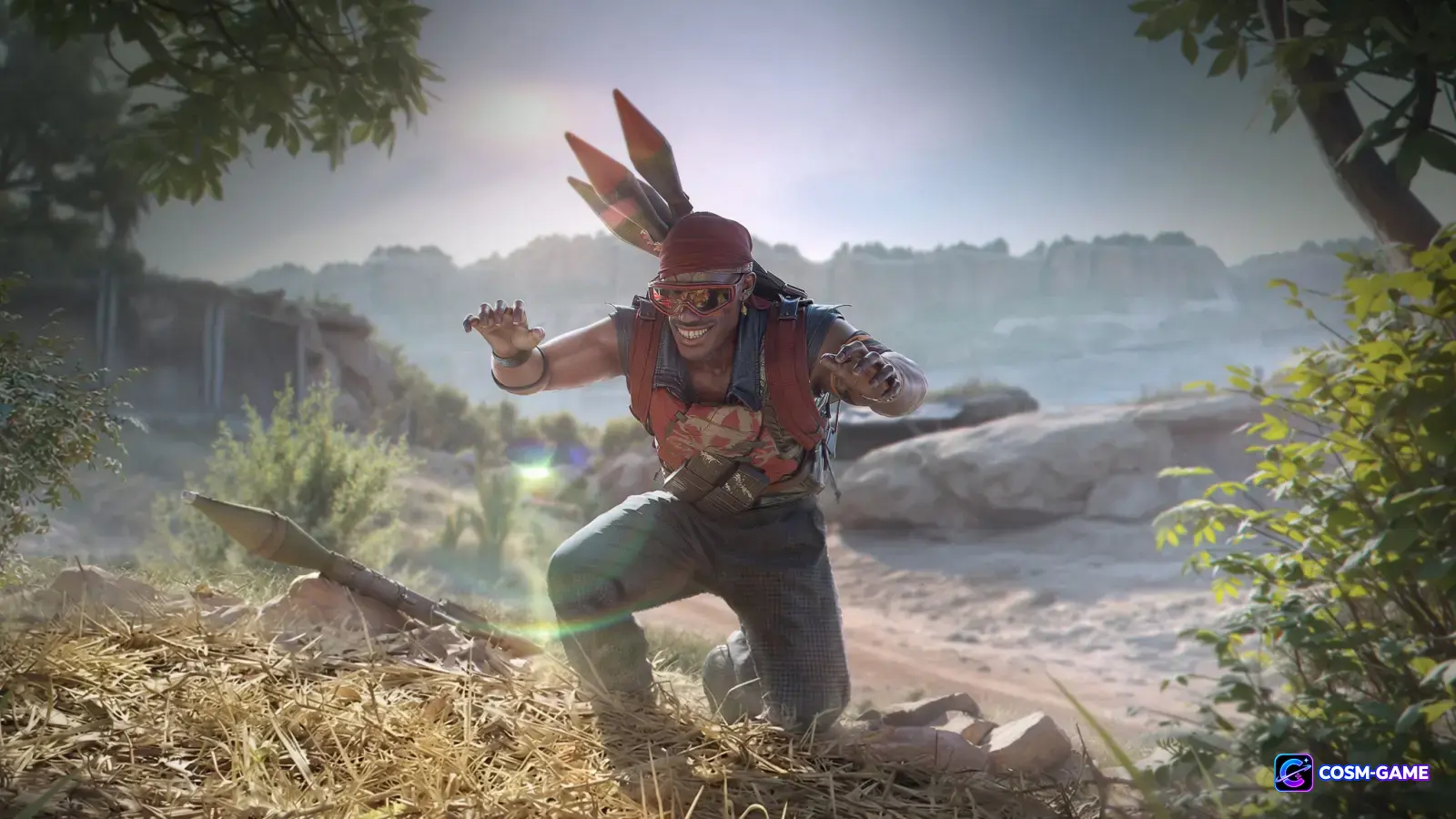 A Delta Force Operator wearing red tactical headgear lunges forward across a rocky battlefield.