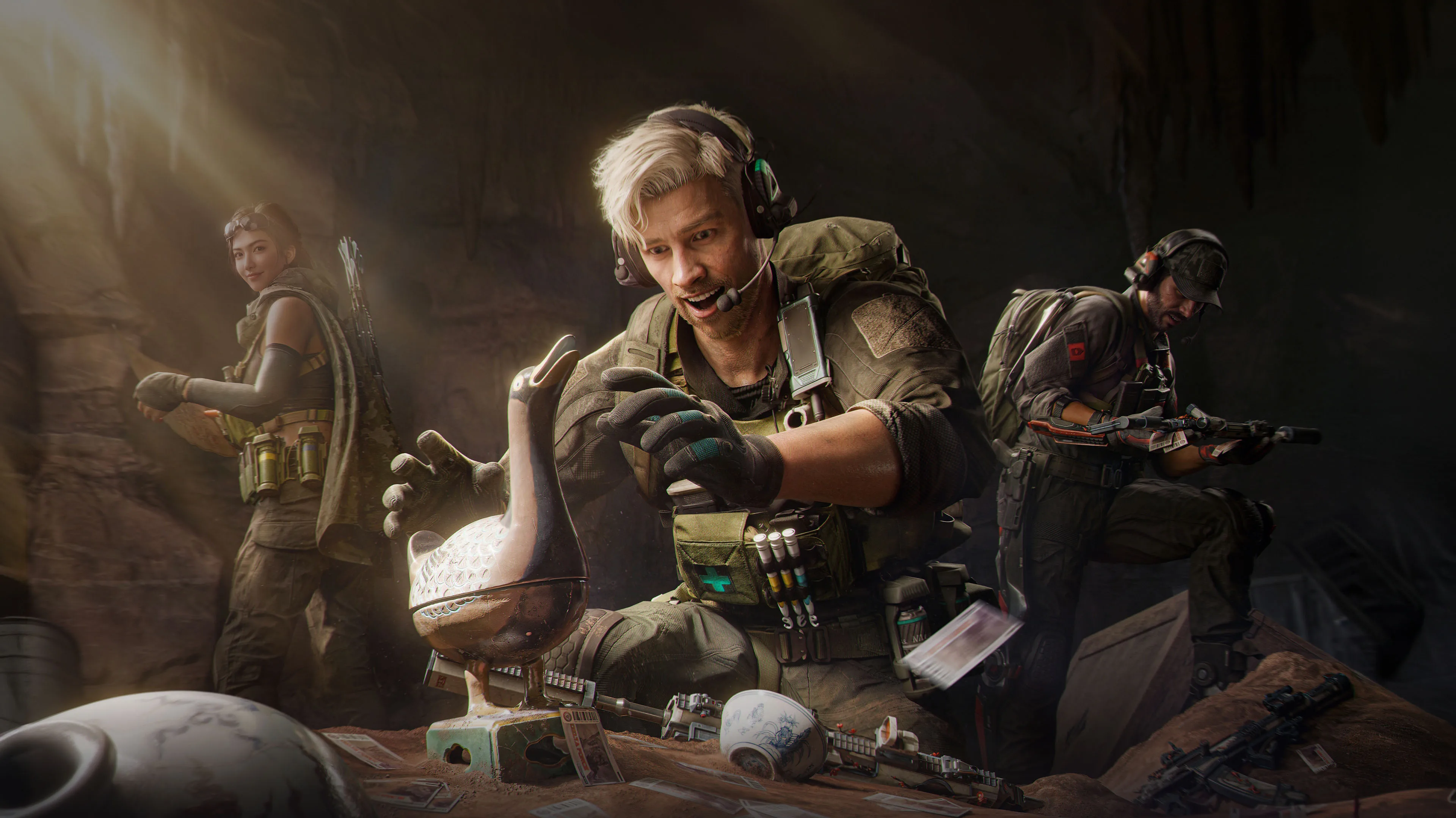 Three Delta Force operators gather around a workbench while the central operator reaches toward a glowing bird-shaped object.