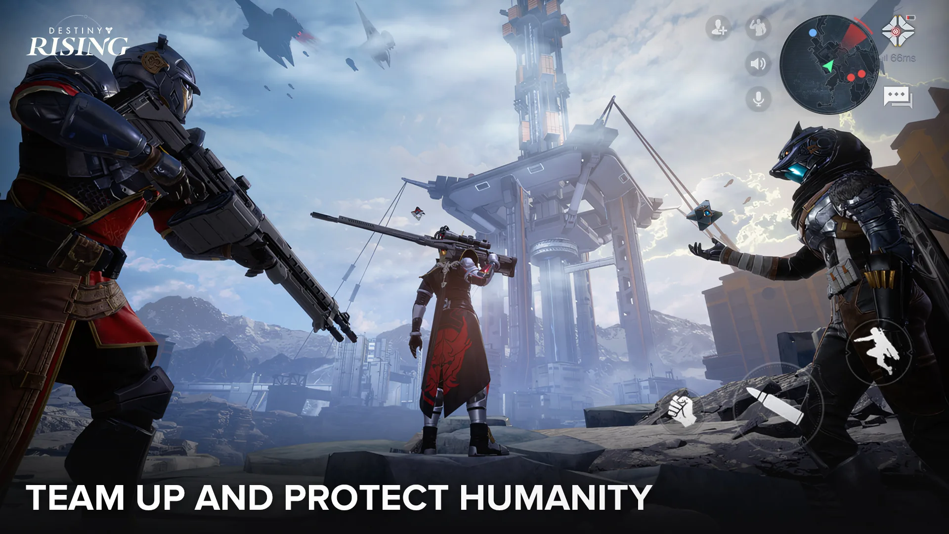 A Destiny: Rising hero using third-person combat against hostile forces