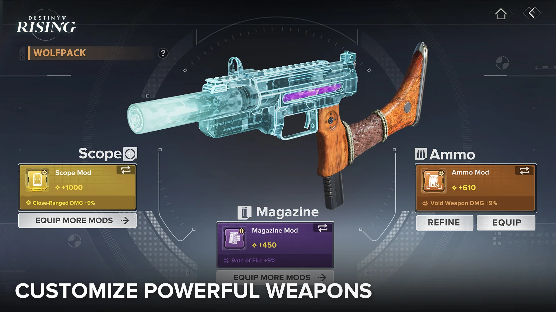A Destiny: Rising weapon customization screen with scope, magazine, and ammunition modifications