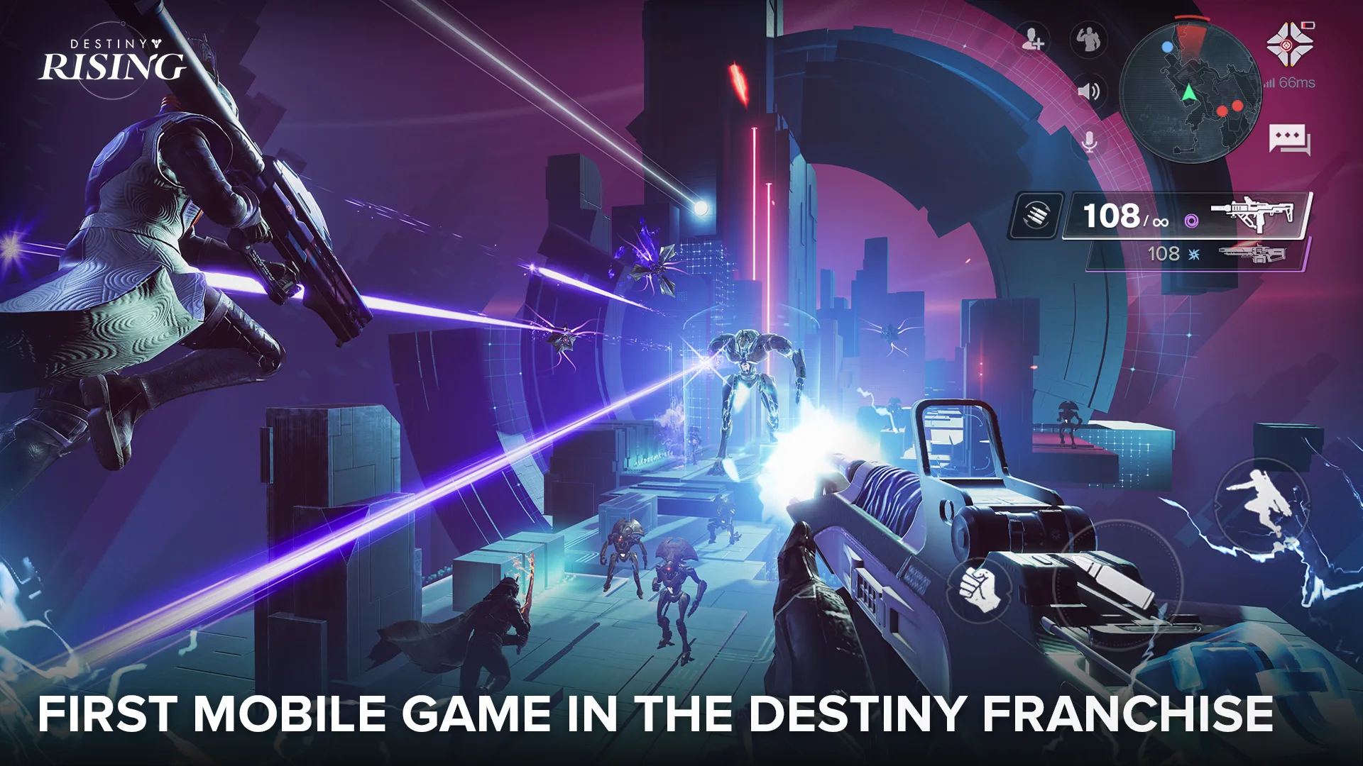 A Lightbearer fighting enemies in Destiny: Rising first-person combat