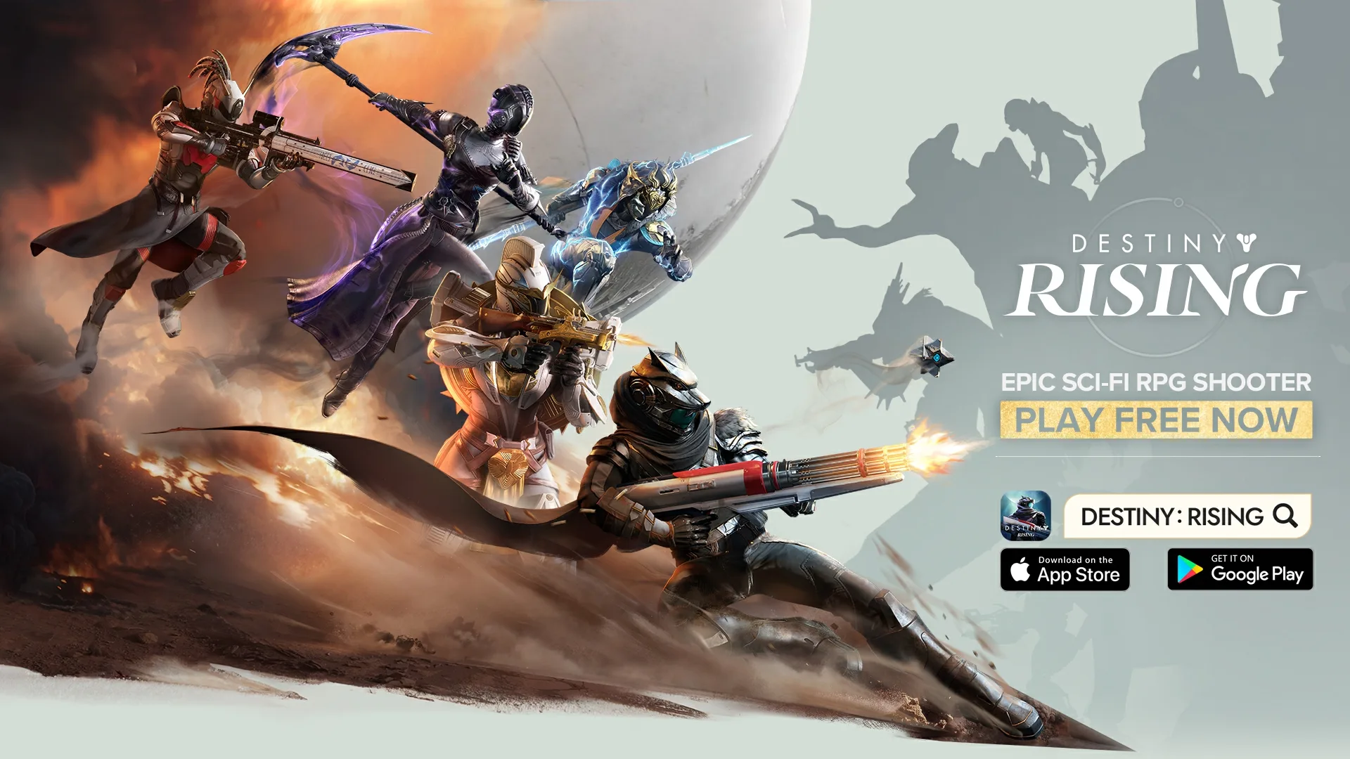Five Lightbearers charge into battle beneath the Traveler while weapons and abilities flash across a dusty battlefield.