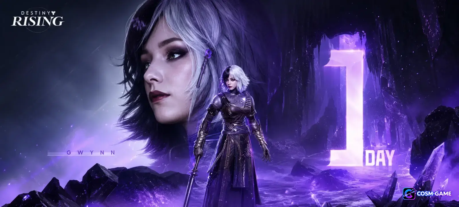 Five Lightbearers leap and charge into battle beneath a huge pale moon beside the Destiny: Rising title.