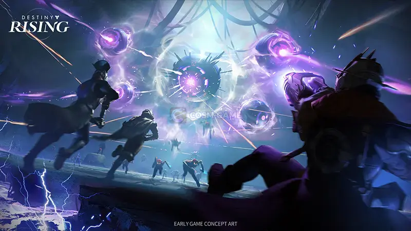 Several Lightbearers advance toward a large Vex anomaly surrounded by purple energy and incoming fire.