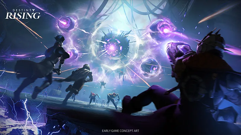 Destiny Rising Lightbearers fighting airborne enemies in official action artwork