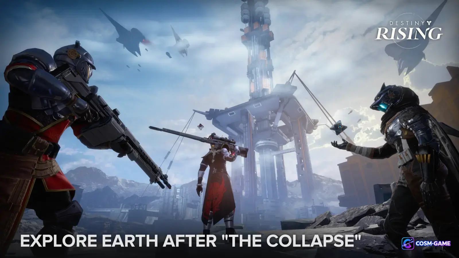 Three Lightbearers stand among industrial towers and rugged mountains while exploring Earth after the Collapse.