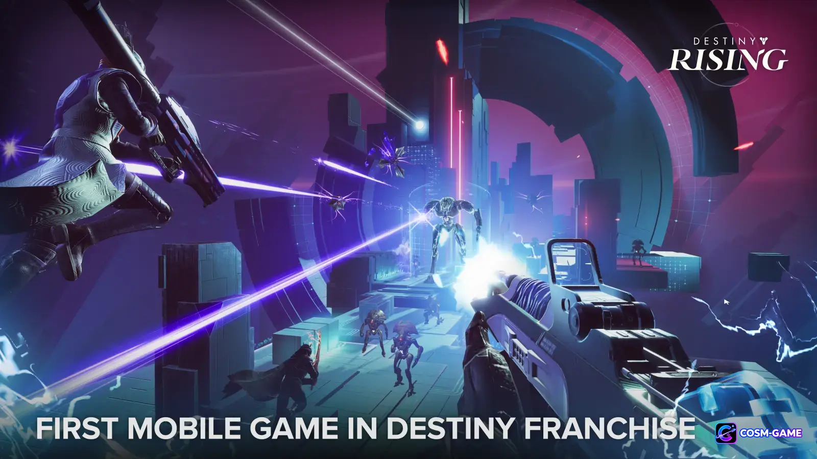 A Destiny: Rising Lightbearer fights through a futuristic combat encounter using firearms and abilities.