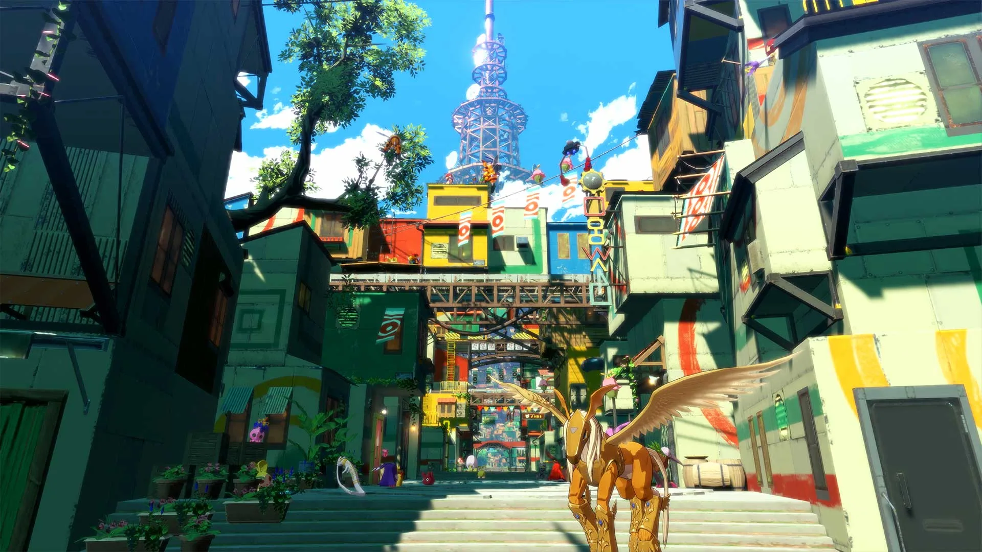 A Digimon stands in a bright, densely built area of the Digital World with colorful structures and elevated walkways.